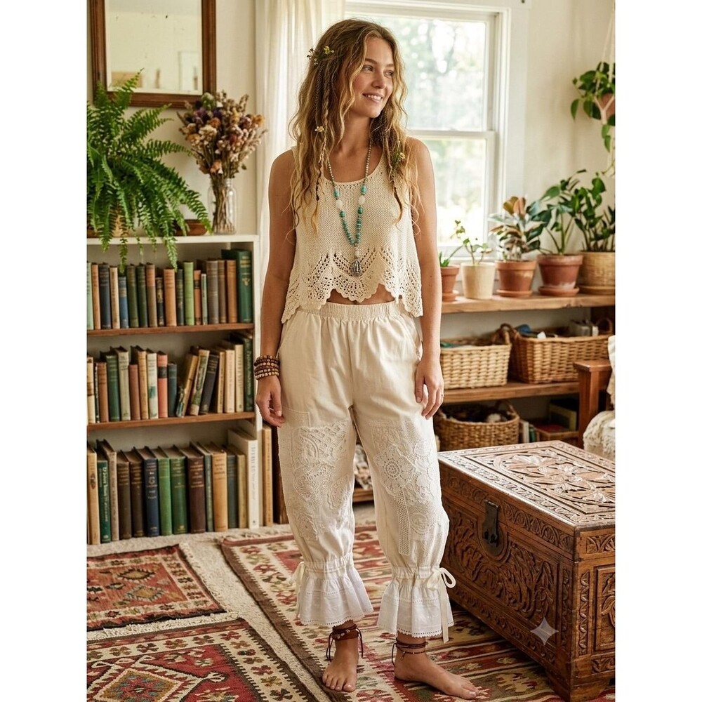 Upcycled  Lace Bloomers Ruffled Cropped Pants Boho Cottagecore Rework Pettipants